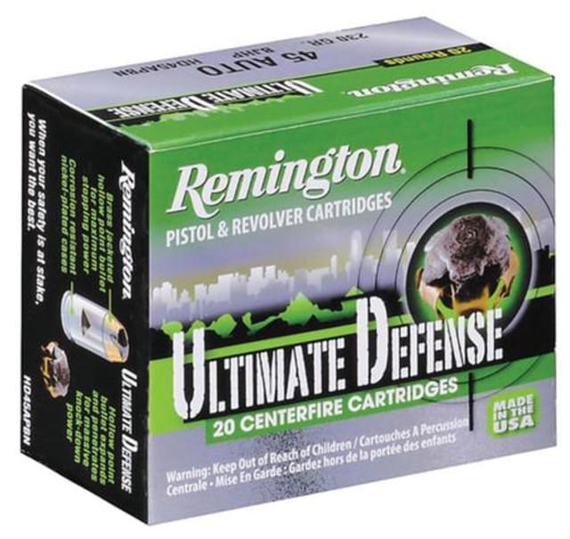 Close× Remington Ultimate Home Defense 45 ACP 230gr, Brass Jacketed Hollow Point 20rd Box