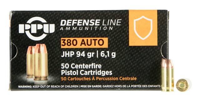 PPU Handgun Defense .380 ACP, 94gr, Jacketed Hollow Point, 50rd Box