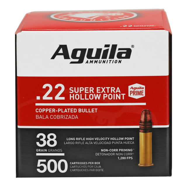Aguila Super Extra High Velocity .22 LR, 38gr, 1280 fps, Copper Plated Hollow Point, 500rd Brick